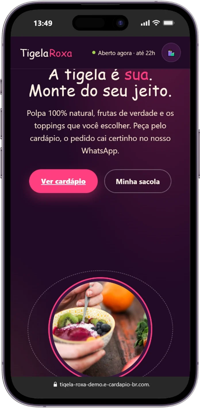 Cardápio digital para açaiteria Tigela Roxa: tela inicial "monte do seu jeito"