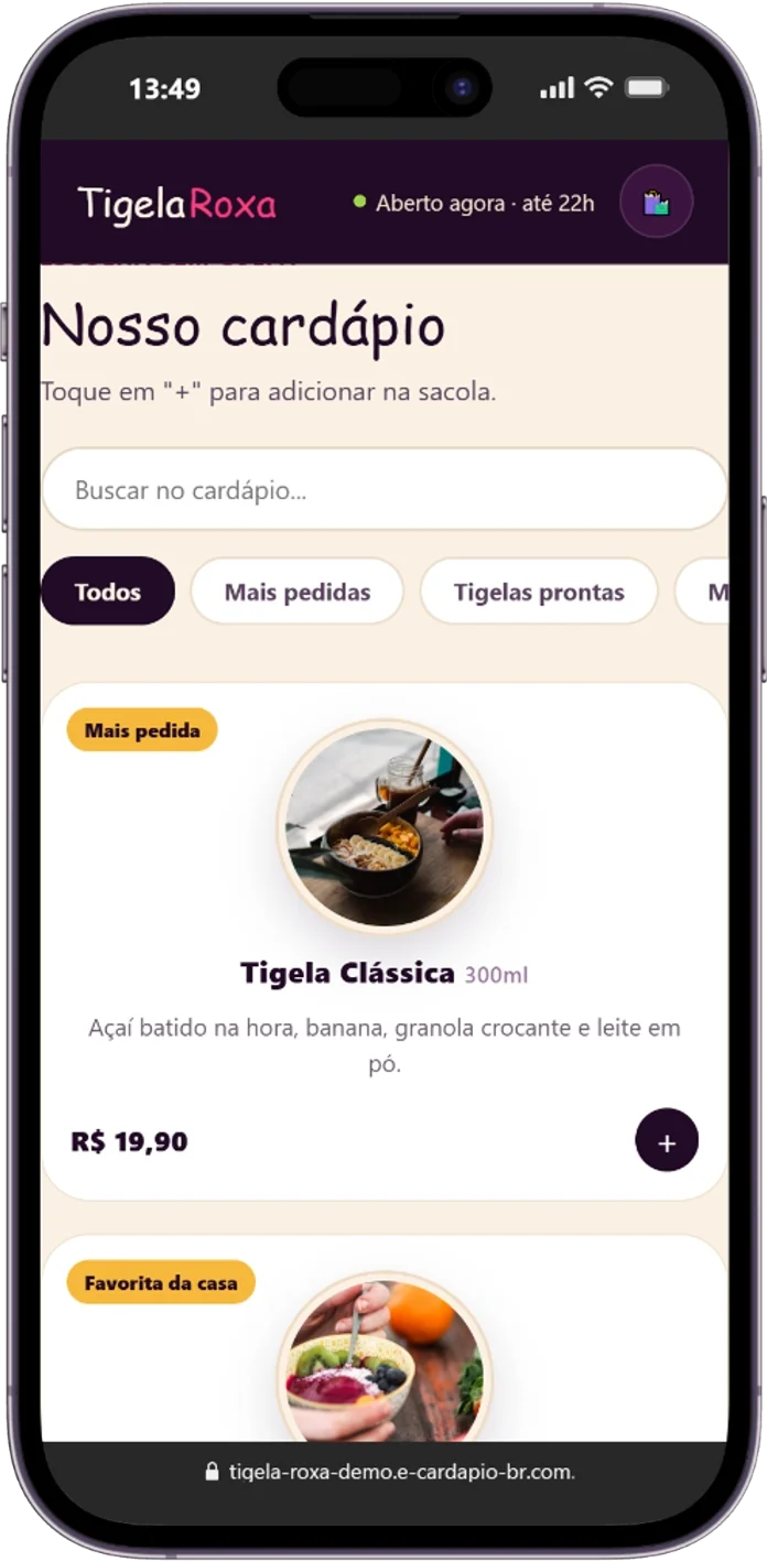 Cardápio digital para açaiteria Tigela Roxa: cardápio com tigelas prontas
