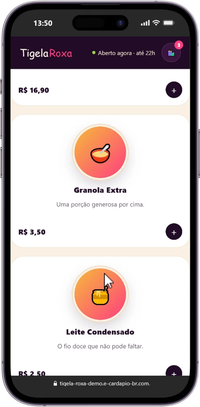 Cardápio digital para açaiteria Tigela Roxa: toppings e adicionais para montar o açaí