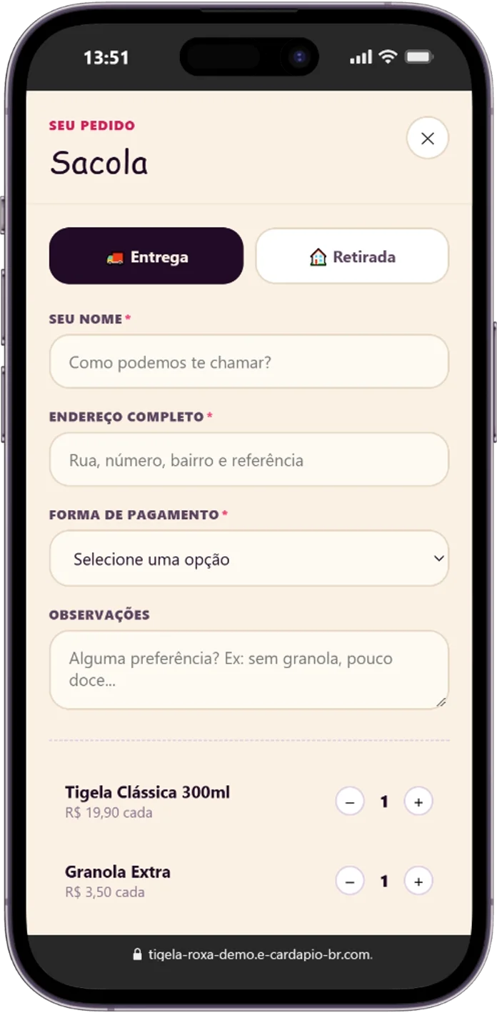 Cardápio digital para açaiteria Tigela Roxa: sacola com entrega ou retirada