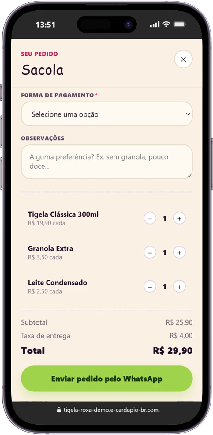 Cardápio digital para açaiteria Tigela Roxa: finalização com envio do pedido pelo WhatsApp