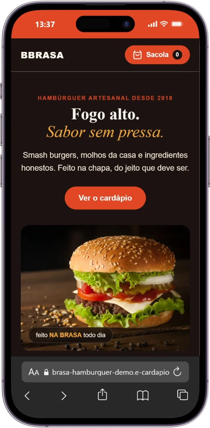 Cardápio digital para hamburgueria Brasa Hamburguer: tela inicial no celular