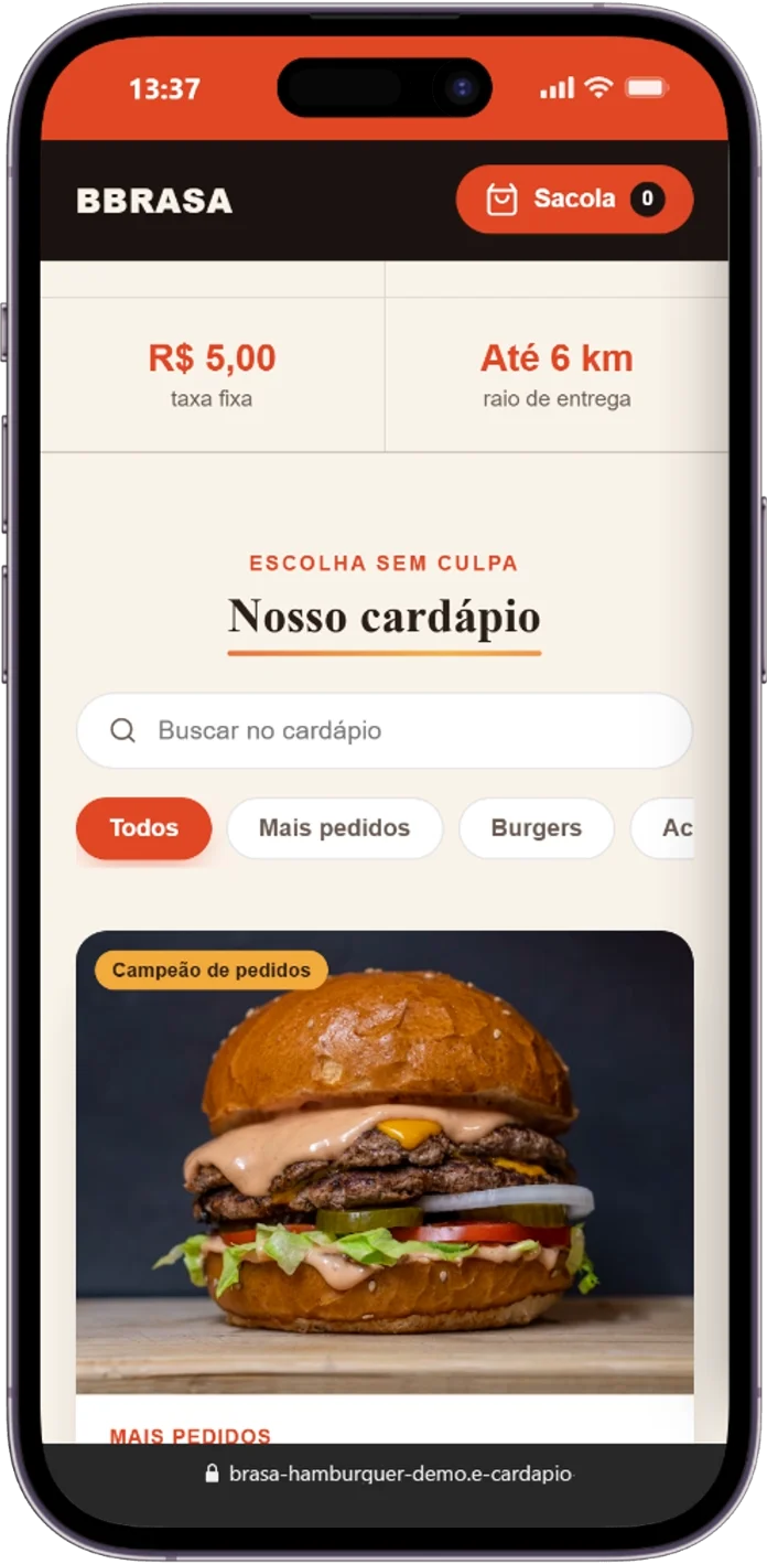 Cardápio digital para hamburgueria Brasa Hamburguer: cardápio com busca e categorias
