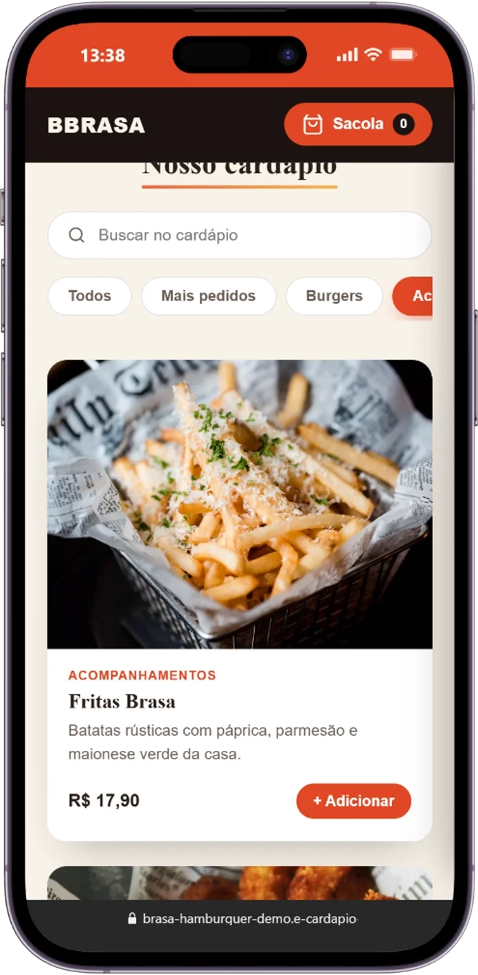 Cardápio digital para hamburgueria Brasa Hamburguer: produto com foto, preço e botão adicionar