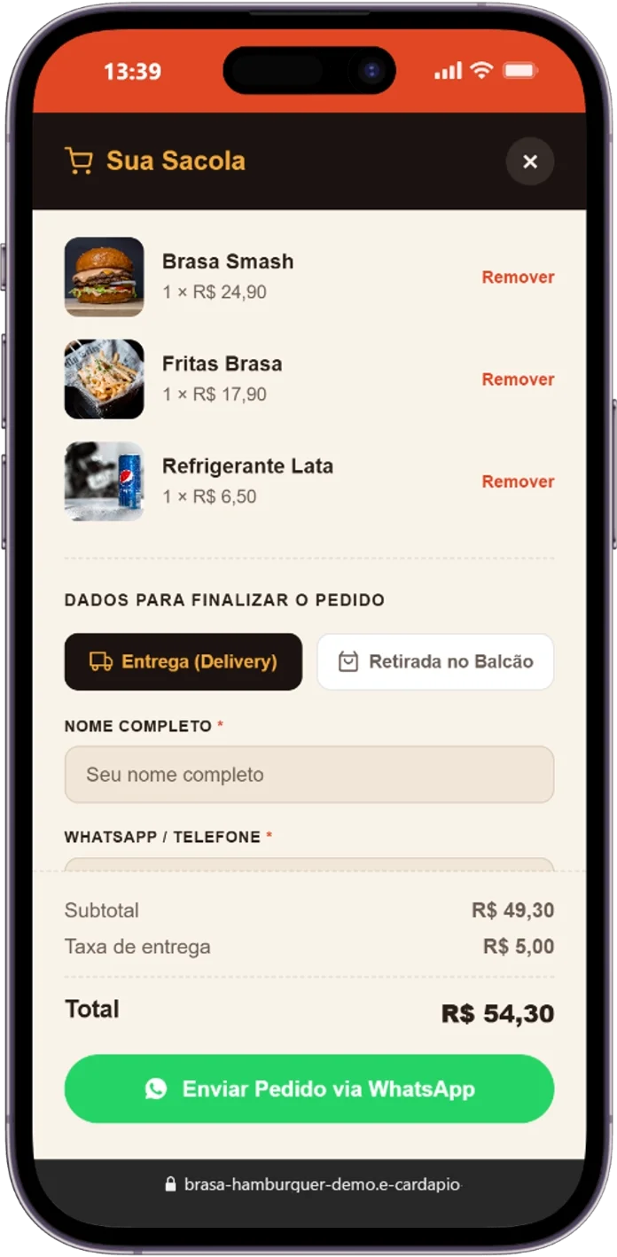 Cardápio digital para hamburgueria Brasa Hamburguer: sacola com envio do pedido pelo WhatsApp