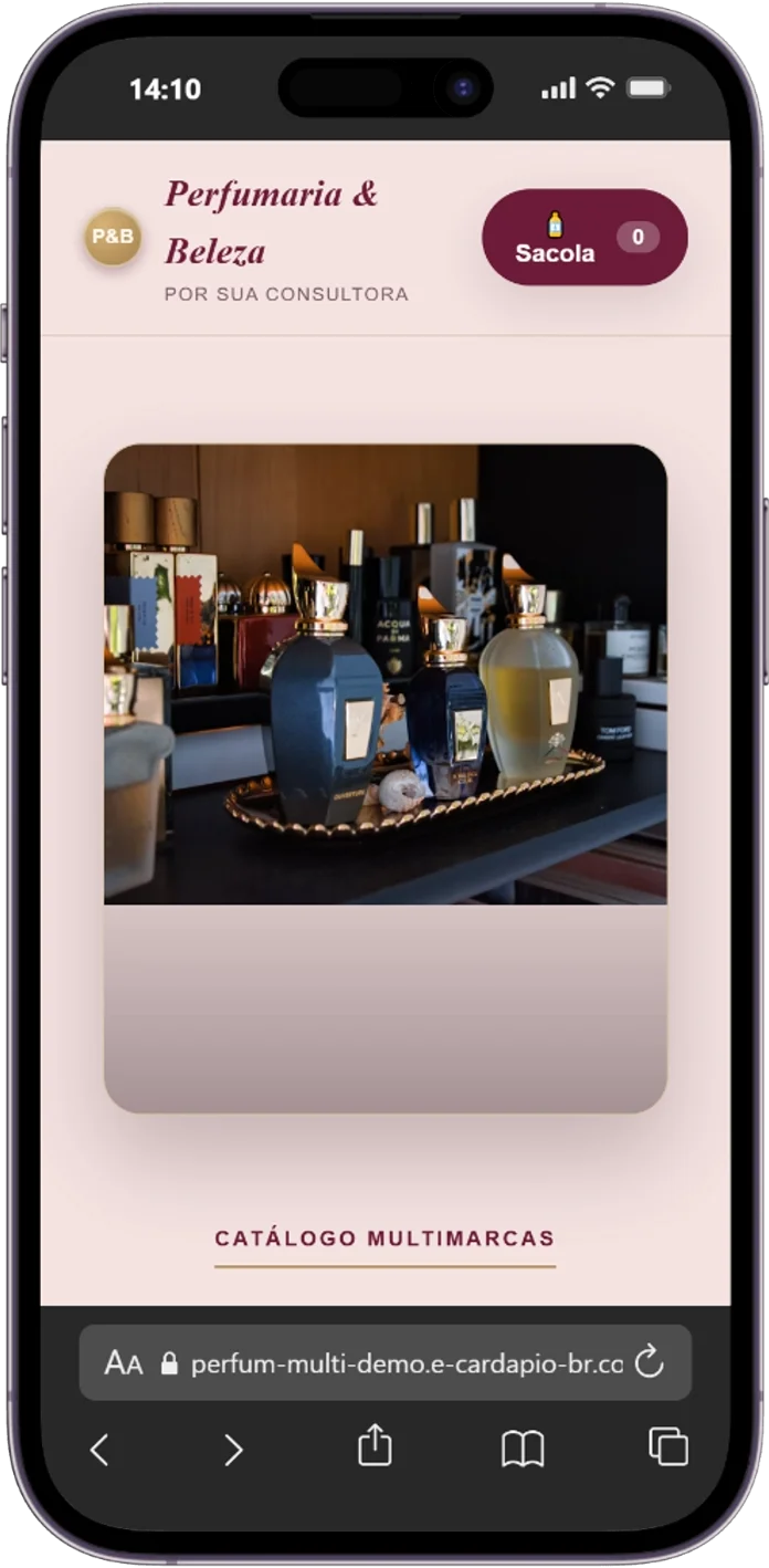 Catálogo digital para perfumaria e loja de beleza Perfumaria & Beleza: tela inicial no celular