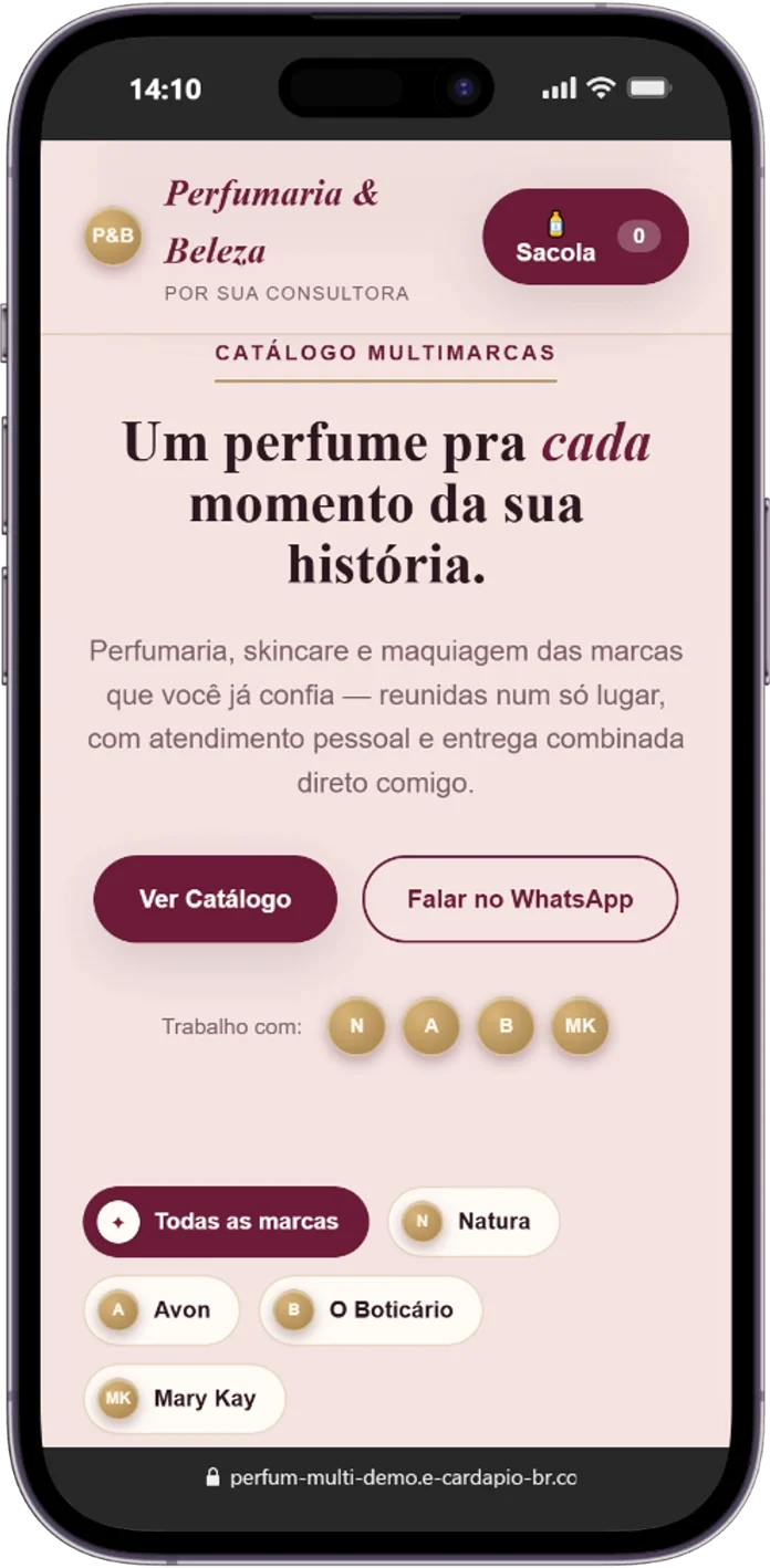 Catálogo digital para perfumaria e loja de beleza Perfumaria & Beleza: catálogo multimarcas com filtro por marca