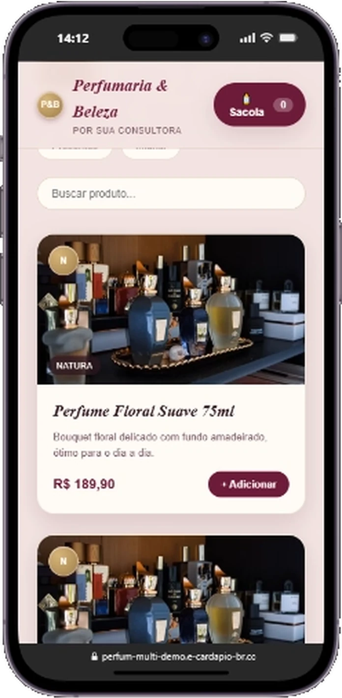 Catálogo digital para perfumaria e loja de beleza Perfumaria & Beleza: produto com foto, preço e botão adicionar