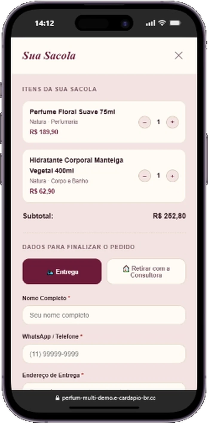 Catálogo digital para perfumaria e loja de beleza Perfumaria & Beleza: sacola com dados de entrega