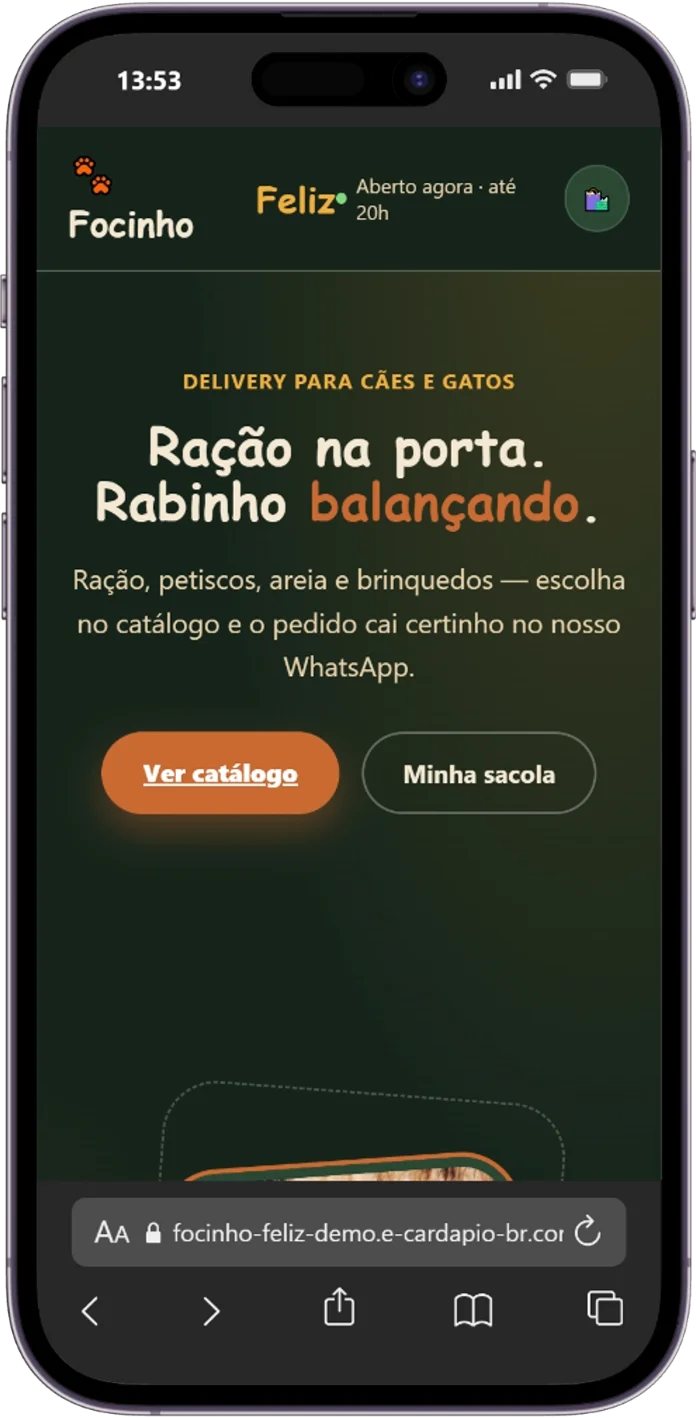 Catálogo digital para petshop Focinho Feliz: tela inicial no celular