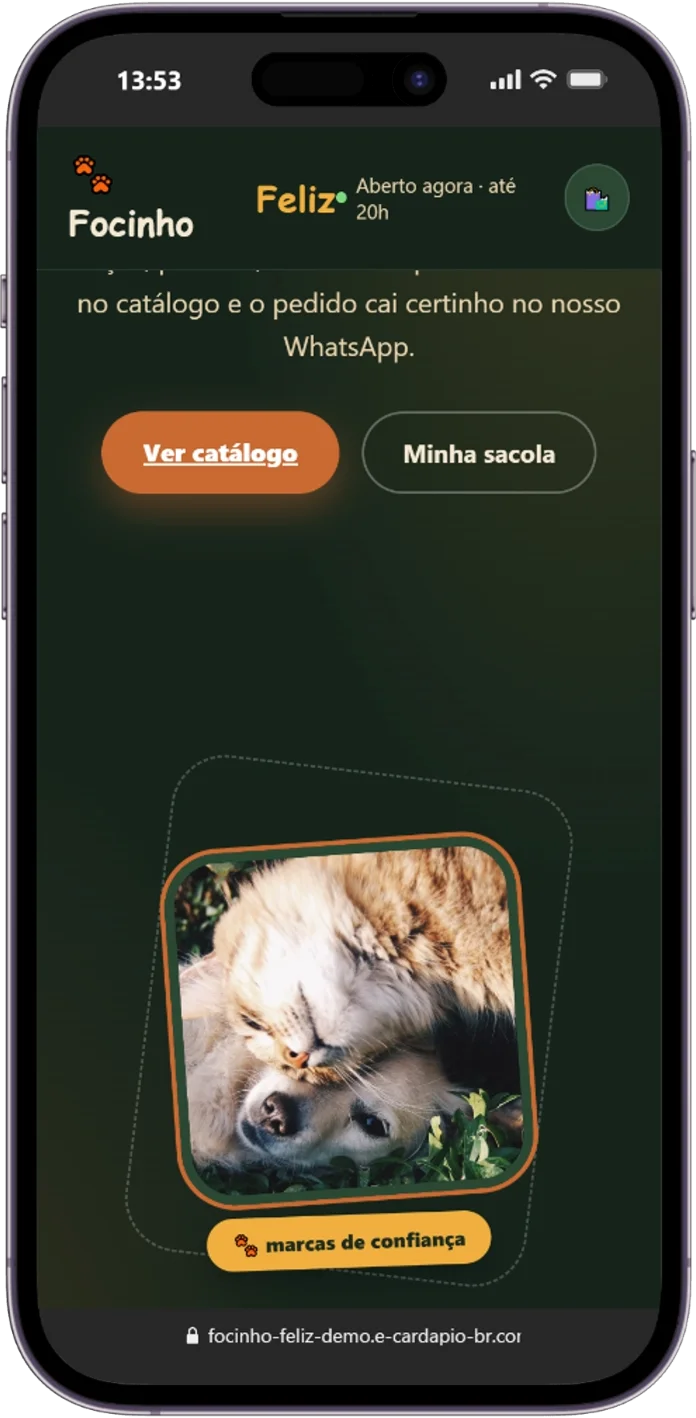 Catálogo digital para petshop Focinho Feliz: chamada principal e botão Ver catálogo