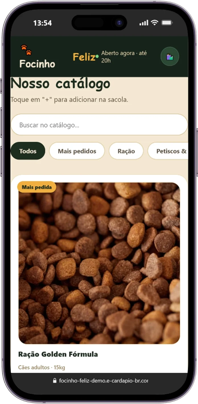 Catálogo digital para petshop Focinho Feliz: catálogo com ração, preço e botão adicionar