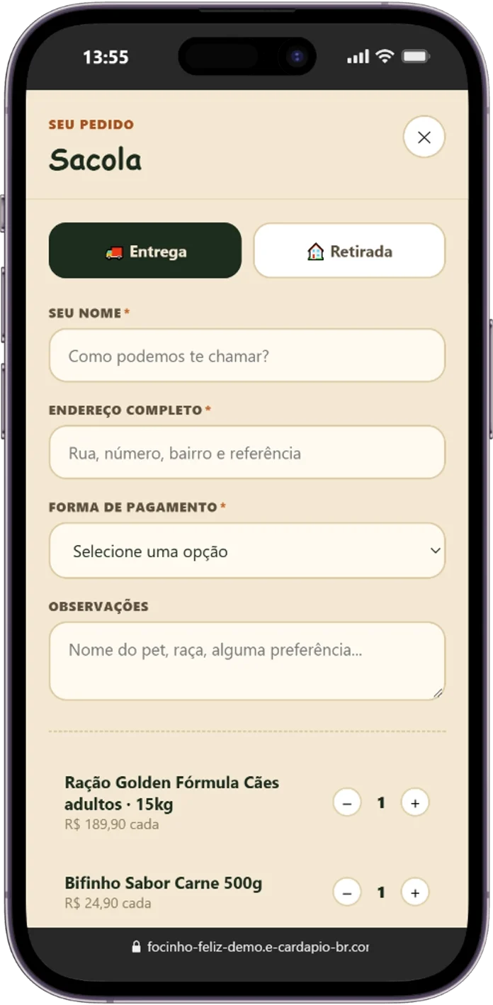 Catálogo digital para petshop Focinho Feliz: sacola com entrega ou retirada