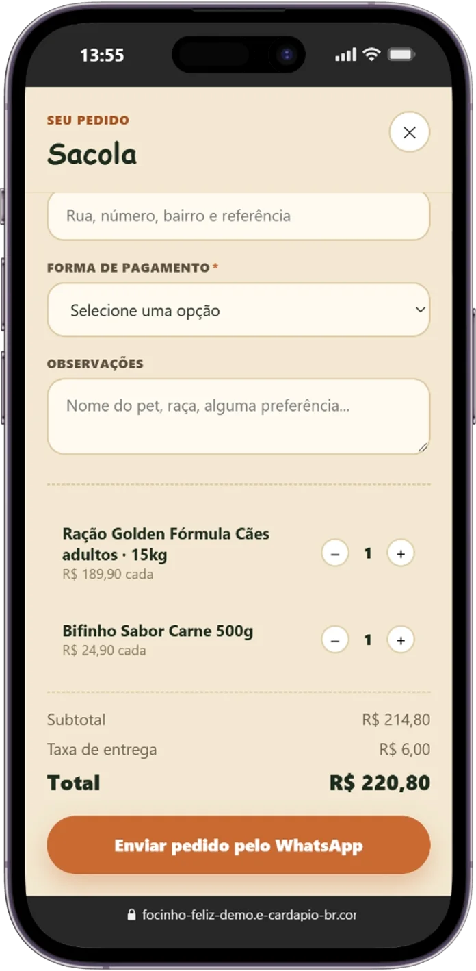 Catálogo digital para petshop Focinho Feliz: finalização com envio do pedido pelo WhatsApp
