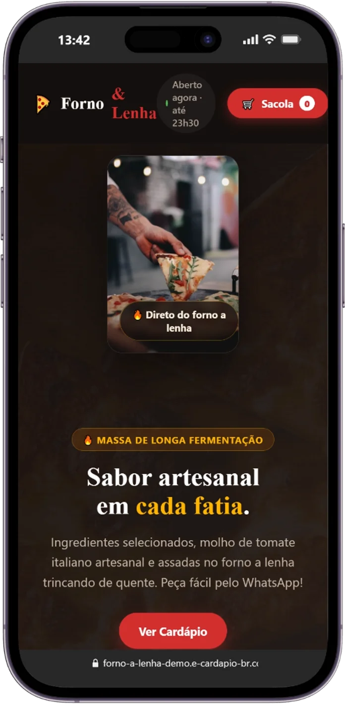 Cardápio digital para pizzaria Forno & Lenha: tela inicial no celular
