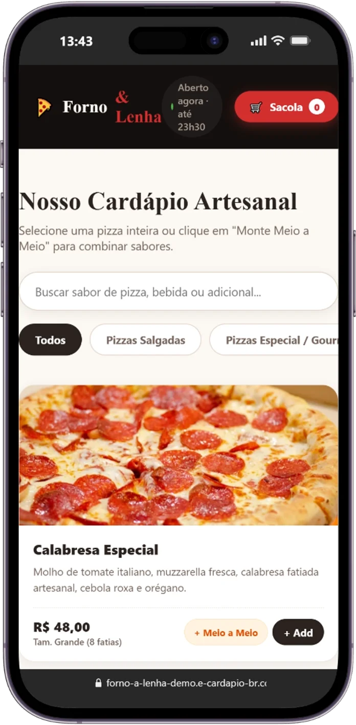 Cardápio digital para pizzaria Forno & Lenha: cardápio artesanal com sabores e preços