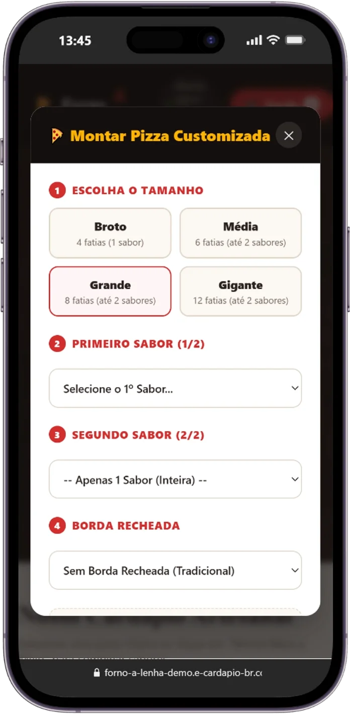 Cardápio digital para pizzaria Forno & Lenha: montagem de pizza meio a meio