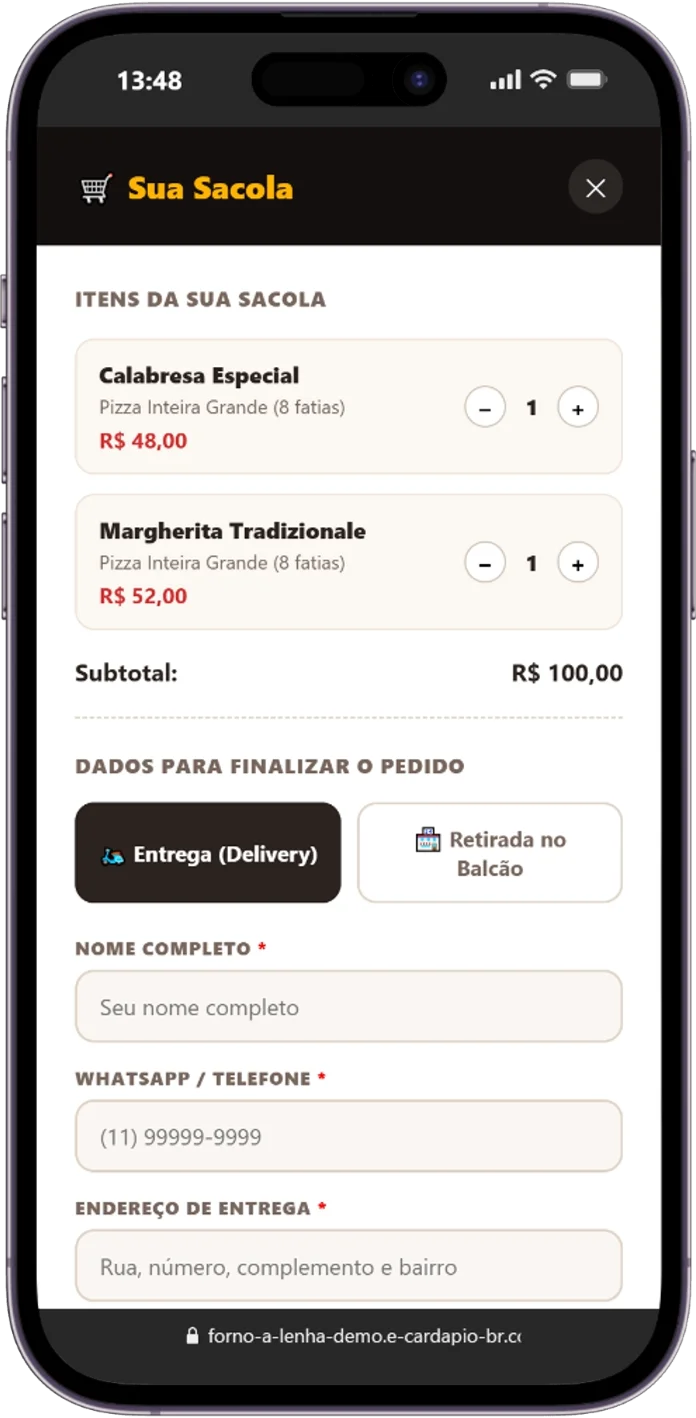 Cardápio digital para pizzaria Forno & Lenha: sacola do pedido com entrega ou retirada